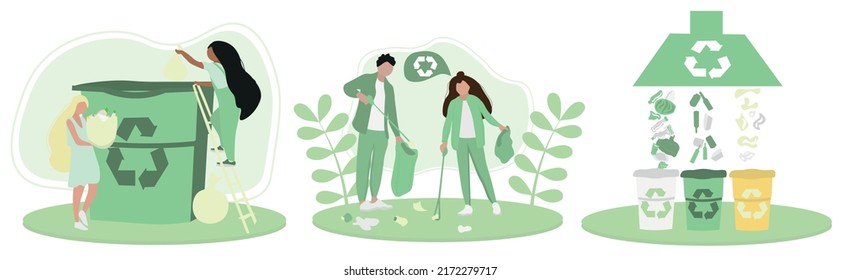 Different people with garbage and trash containers on white back