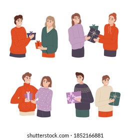 Different people give beautiful gifts. People exchange gift boxes. Surprise concept. People give each other gifts at the holiday. Vector illustration