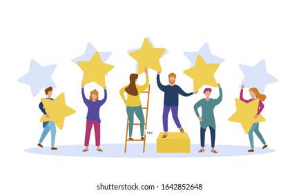 Different people give feedback ratings and reviews.Characters hold stars above their heads.Evaluation of customer reviews.Five star rating.Customers evaluating a product, service.Vector illustration.