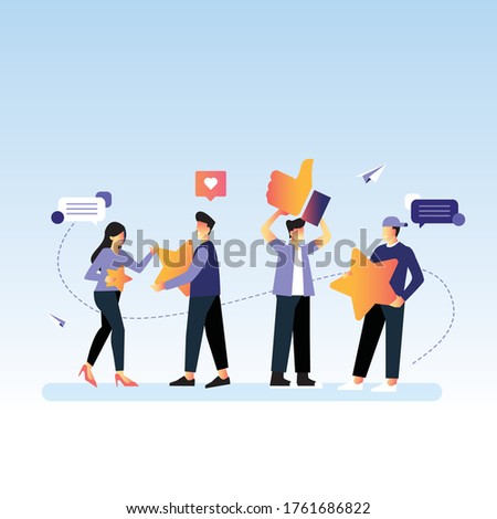 Different people give feedback ratings and review Characters hold stars and thumb up above their heads Evaluation of customer reviews Five star rating. evaluating a product service Vector illustration