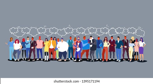 different people group chat bubble communication concept men women standing together speech conversation discussion social network sketch doodle horizontal full length vector illustration