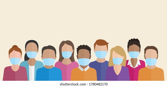 Different people group with face mask - covid-19 pandemic quarantine illustration