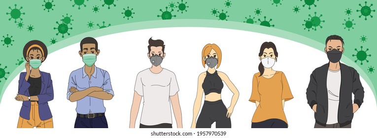 Different people group wearing medical face masks to protect them from green virus. Vector illustration in a flat style. 