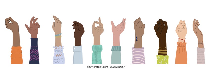 Verschiedene Leute handhaben Handflächen im flachen Stil. Hands Gesten und Diversitätsgrafik. Gemeinschaft, Teamwork, Zusammengehörigkeitskonzept. Einzeln auf Weiß. Vektorgrafik