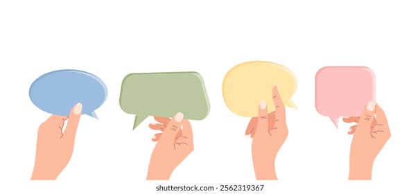 Different people hands holding speech bubbles. Illustration in flat style.