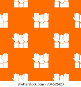 Different people hands raised up pattern repeat seamless in orange color for any design. Vector geometric illustration
