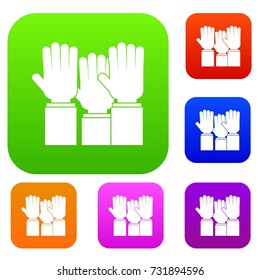 Different people hands raised up set icon color in flat style isolated on white. Collection sings vector illustration