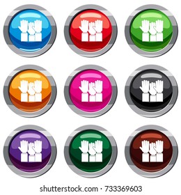 Different people hands raised up set icon isolated on white. 9 icon collection vector illustration