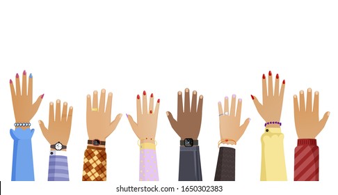 Different people hands, women and men hands with watches and bracelets rising up vector flat illustration. Teamwork, election, voting or education cartoon concept isolated on white background.