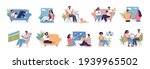 Different people have greet time at home in quarantine time vector set illustration. They are resting on a couch, working remotely, watching movies, sleeping, reading books, eating, playing  games