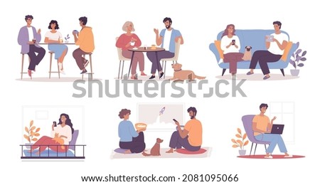 Different people have greet time at coffee shop with friends, resting at home on a couch, working remotely, watching movies