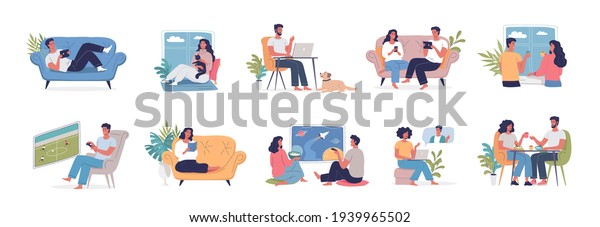 Different people have greet time at home in\
quarantine time vector set illustration. They are resting on a\
couch, working remotely, watching movies, sleeping, reading books,\
eating, playing \
games