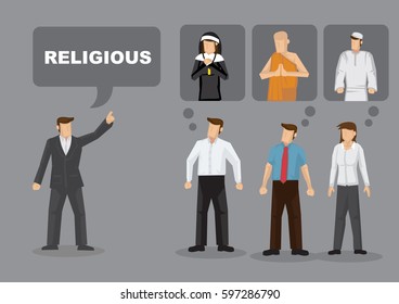 Different people have ideas responding to word Religious. Cartoon vector illustration on concept for co-existence in diversity for different religions. 