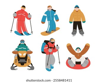 Different people having fun with winter activities. Skiing,snowboarding,ice skating,hiking,snow sledding and snow mobile illustration on white background. Cartoon style flat vector people illustration