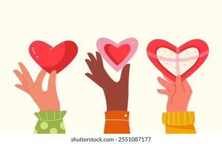 Different people hold hearts in their hands. St Valentine's Day