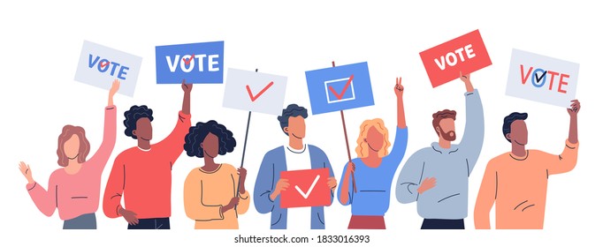 Different people hold placards calling to vote. Political election illustration
