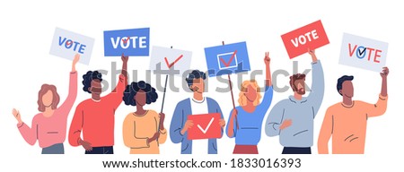 Different people hold placards calling to vote. Political election illustration