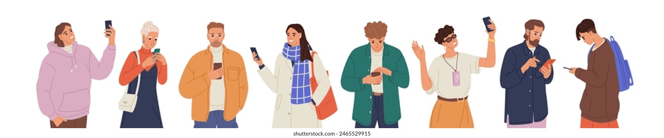 Diferentes personas sostienen teléfonos inteligentes. Video Hombres y mujeres hablan por teléfono Fila de personajes con teléfonos en las manos. Ilustraciones vectoriales aisladas planas en blanco