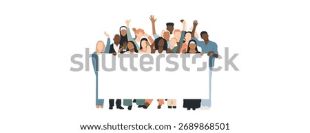 Different people holding banner. Empty banner for text.