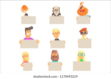 Different people holding blank boards set. Smiling cartoon men and women characters with empty banners vector illustrations