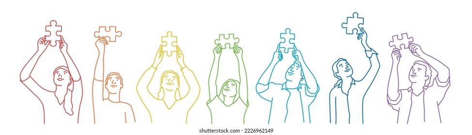 Different people holding a jigsaw puzzle piece which joins another puzzle piece. Cooperation and collaboration concept. Hand drawn color line vector illustration.