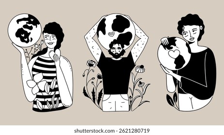 Different people holding the planet in their hands. Concept of love for the Earth, care for the environment. Earth day vector illustrations hand drawn elements with stylish characters