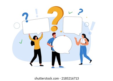 Different people holding sign a bubble question. Exclamation mark. team of happy people holding white placard with copy space for text, announcement banner for advertising for new business, teamwork.