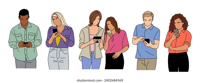 Different People holding, using mobile phones set.