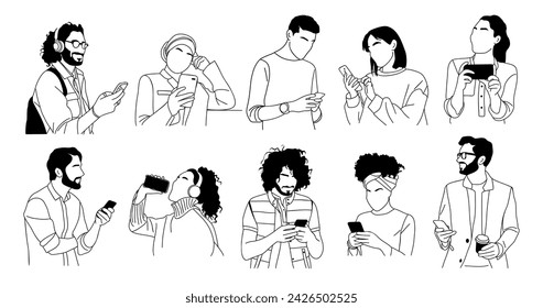 Different People holding, using mobile phones set. Line art Characters with smartphones in hands. Men, women texting, surfing internet, chatting. Vector outline drawing on transparent background.