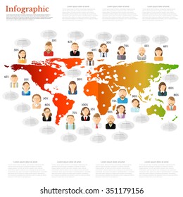 different people icon with speech bubble near them on the world map. information flat background