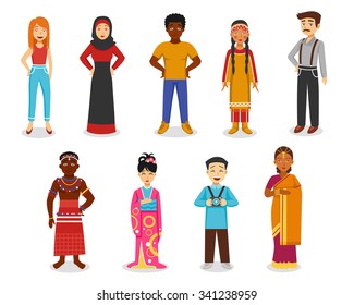 Different people icons set with Japanese Indian and Afro-American flat isolated vector illustration 