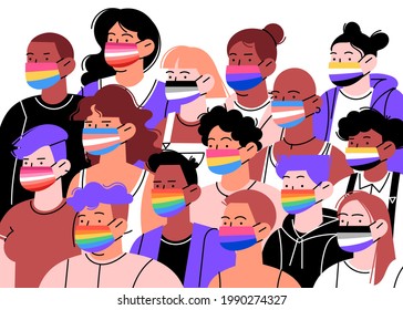 Different people of different identities ethnicities and sexyality. Face masks with pride flags. Horizontal organic flat illustration. Covid Pride month