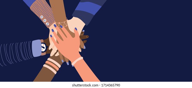 Different people join hands in a fit of teamwork. A group of people strives for a common goal in their work. Together strength, confidence and result. Friendship and helping each other in unity.