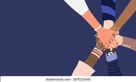 Different people join hands in a fit of teamwork. A group of people strives for a common goal in their work. Together strength, confidence and result. Friendship and helping each other in unity.