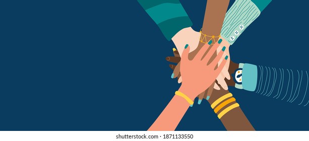 Different people join hands in a fit of teamwork. A group of people strives for a common goal in their work. Together strength, confidence and result. Friendship and helping each other in unity.