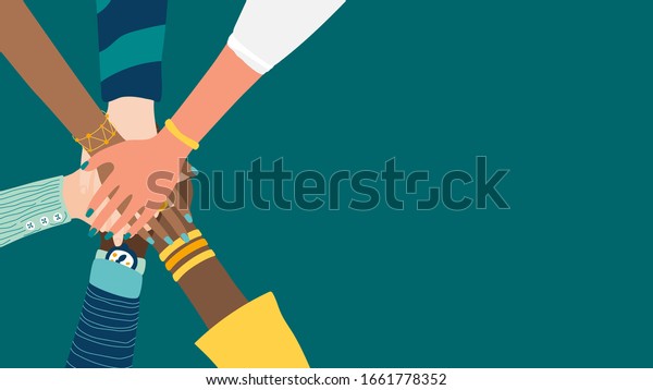 Different people join hands in a fit of teamwork.\
A group of people strives for a common goal in their work. Together\
strength, confidence and result. Friendship and helping each other\
in unity.