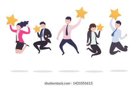 Different people in jump hold the stars, ratings and customer reviews. Concept for landing page, feedback rating.