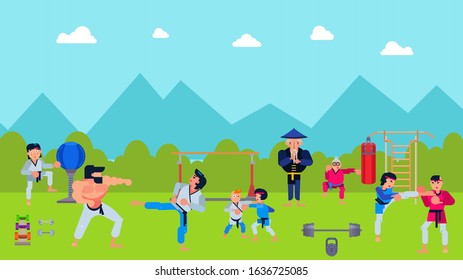 Different people in kimono practice oriental martial arts karate aikido with teacher master old man outdoors in the park vector illustration. A group of fighting men, women, young, old, children.
