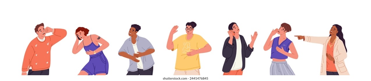 Different people laugh set. Happy characters have stomach hurt, tears on face from roaring laughter. Funny men and women giggle, have fun, gesturing. Flat isolated vector illustration on white