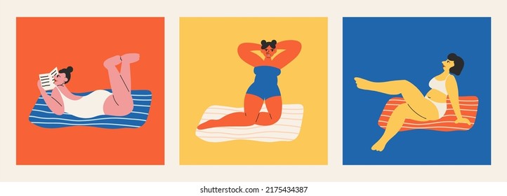 Different people lie on towels or blankets. Cute characters are relaxing, sunbathing, reading books. Summer time, beach, vacation concept.