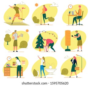 Different People Life Elements, Flat Illustration. Soccer Player at Training, Man On Hike, Office Worker with Documents, Girl on Scooter, Father Preparing Gift, Woman Taking Selfie with Fountain.