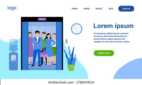 Different people lifting on elevator. Open door of office lifts with workers waiting moving inside cabin. Vector illustration for office hall, end of business, transportation concept