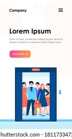 Different people lifting on elevator. Open door of office lifts with workers waiting moving inside cabin. Vector illustration for office hall, end of business, transportation concept