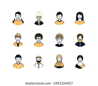 Different people - line design style icons set with editable stroke. Men and women of various ethnicities, face features, abilities, age. Diversity and equality idea