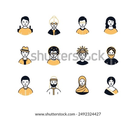 Different people - line design style icons set with editable stroke. Men and women of various ethnicities, face features, abilities, age. Diversity and equality idea