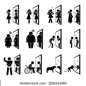 Different people looking into mirror of themselves. Vector illustrations of woman, overweight people, old man, child, muscular man, handicapped, dog, and monkey seeing a reflection of themselves.