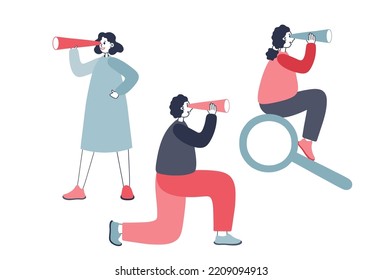 Different people looking through binoculars, finding a job. Flat vector illustration isolated on white background