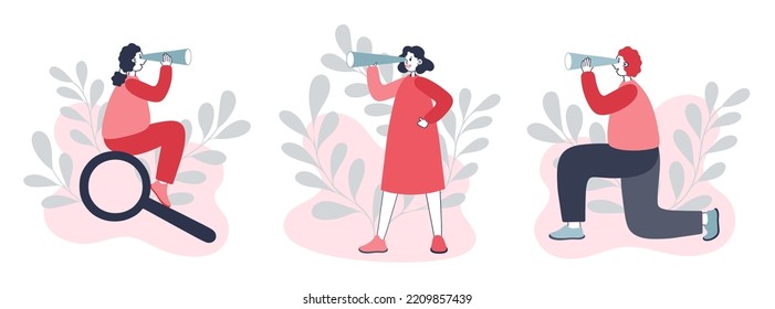 Different people looking through binoculars, finding a job. Flat vector illustration isolated on white background