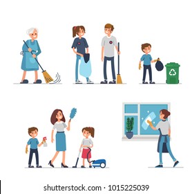 Different people make cleaning and garbage collection. Flat style illustration isolated on white background.