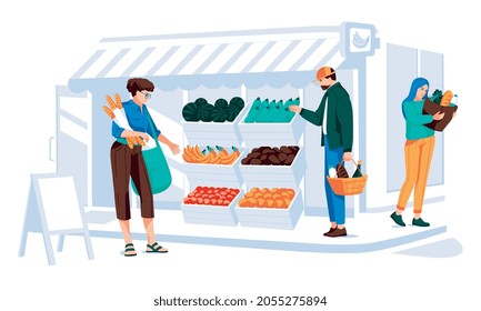 Different people making shopping in grocery store front with window and door. Wooden and brick facade. Small european style shop exterior with wooden boxes of fruits and vegatables.  Flat vector illus